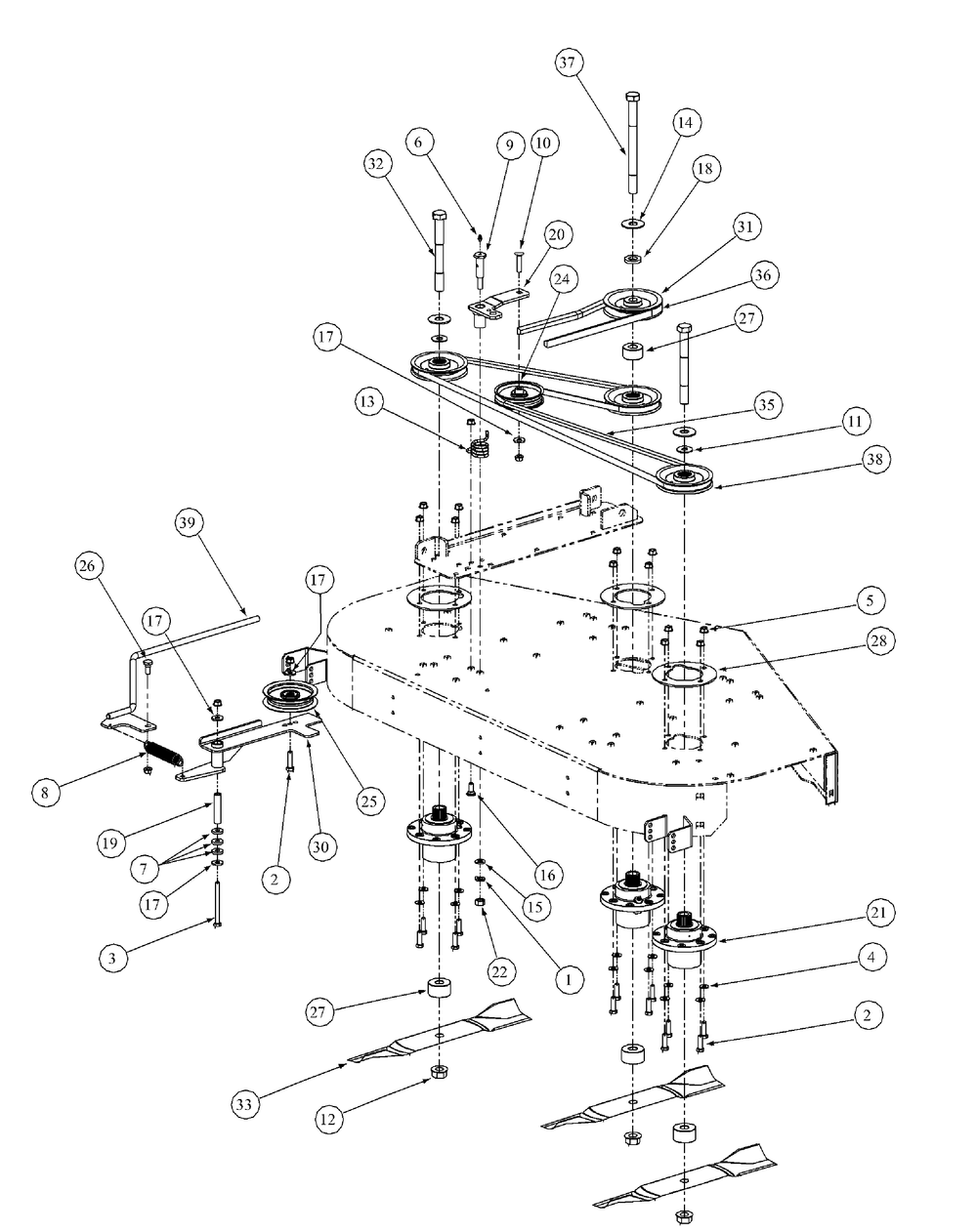 Fabricated Deck Spindle Assembly Diagram and Parts List for M54-KW (53BB5DBW150-23-HP)(2003 1/2) Cub Cadet Lawn Tractor